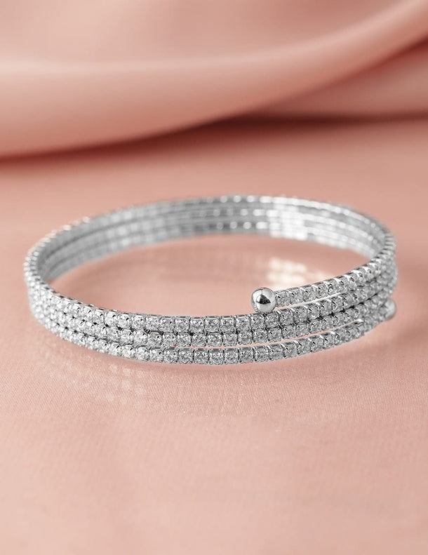 Rubans Rhodium-Plated Cubic Zirconia Studded Triple Line Bangle Style Bracelet Wristwear