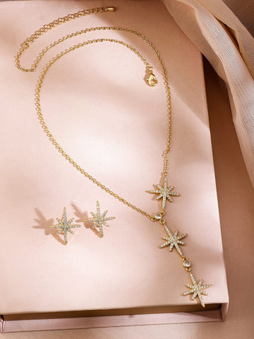 Rubans Rhodium-Plated Cubic Zirconia Studded V-Shaped Pendant Necklace Set Jewellery Set