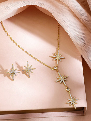 Rubans Rhodium-Plated Cubic Zirconia Studded V-Shaped Pendant Necklace Set Jewellery Set