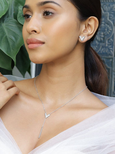 Rubans Rhodium-Plated Cubic Zirconia Studded V-Shaped Pendant Necklace Set Pendant Set
