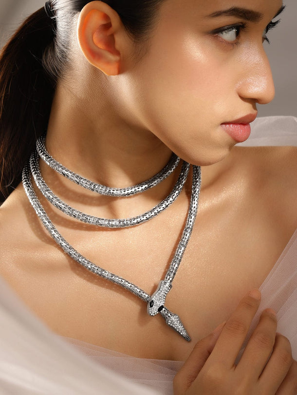 Rubans Rhodium Plated CubicZirconia Studded Snake Motif Layer Demi Fine Statement Necklace Necklace and Chains