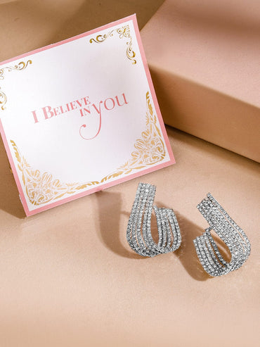 Rubans Rhodium-Plated Curved Crystal Statement Stud Earrings Earrings