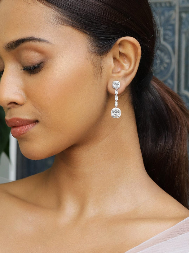 Rubans Rhodium-Plated Cushion-Cut Cubic Zirconia Studded Drop Earrings â€“ Elegant Sparkle Earrings