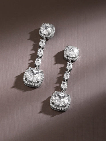 Rubans Rhodium-Plated Cushion-Cut Cubic Zirconia Studded Drop Earrings â€“ Elegant Sparkle Earrings