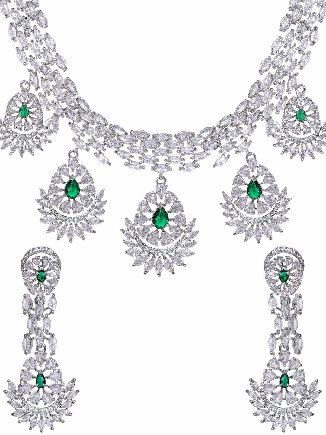 Rubans Rhodium-Plated CZ Stone- Studded Necklace  Earrings Jewellery Set