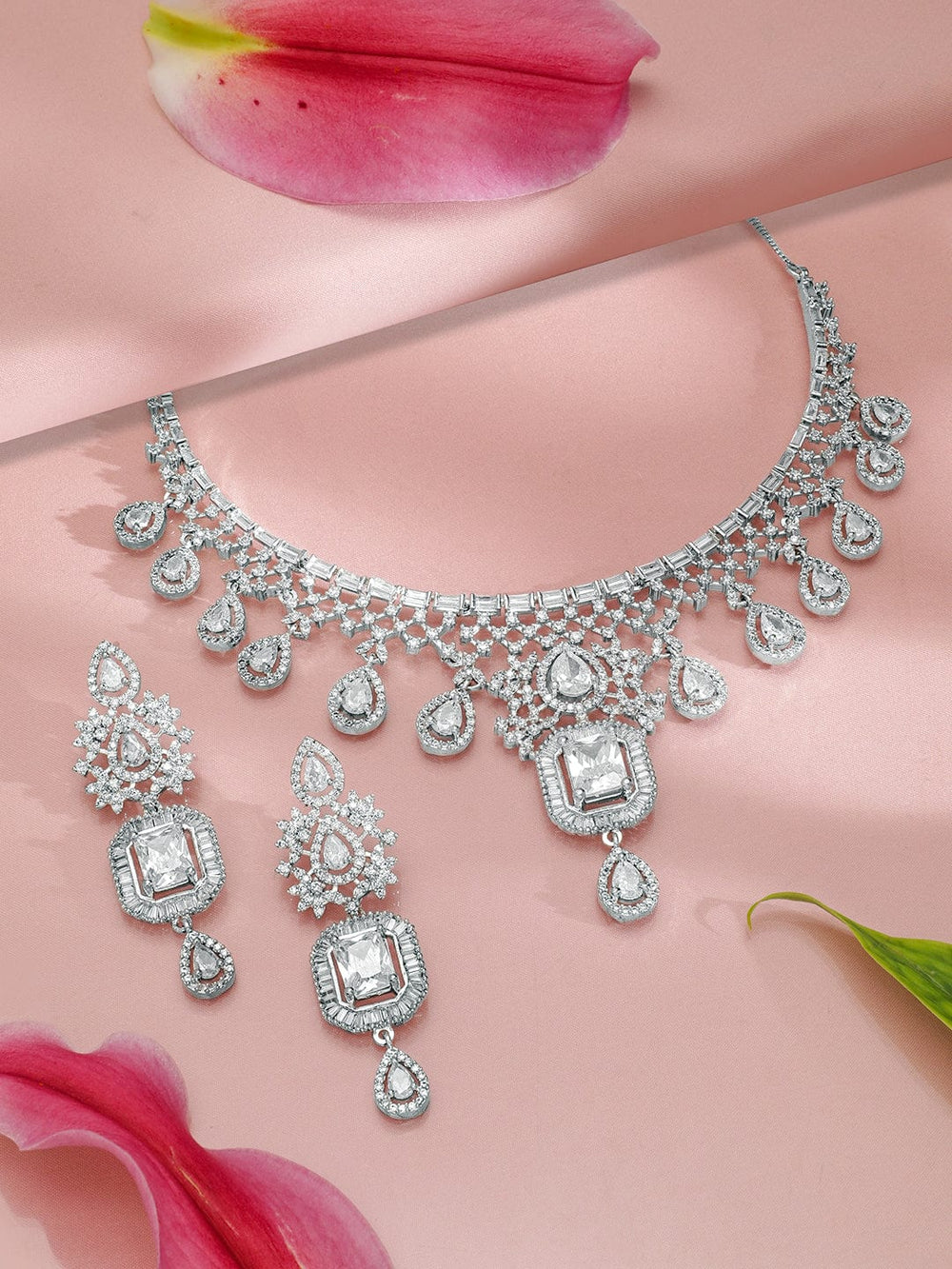 Rubans Rhodium-Plated CZ Studded Jewellery Set Necklace Sets