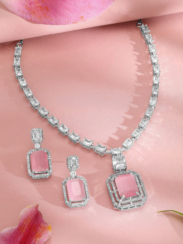 Rubans Rhodium-Plated CZ Studded Necklace & Earrings Jewellery Set