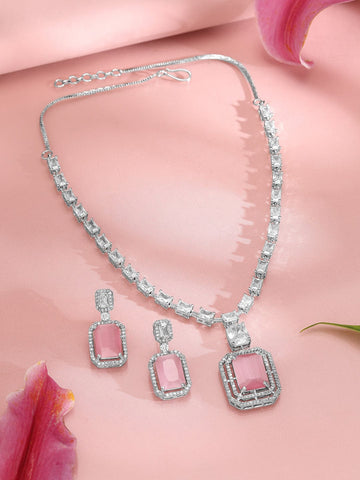Rubans Rhodium-Plated CZ Studded Necklace & Earrings Jewellery Set