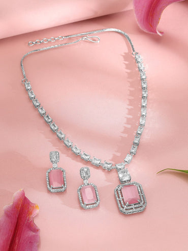 Rubans Rhodium-Plated CZ Studded Necklace & Earrings Jewellery Set