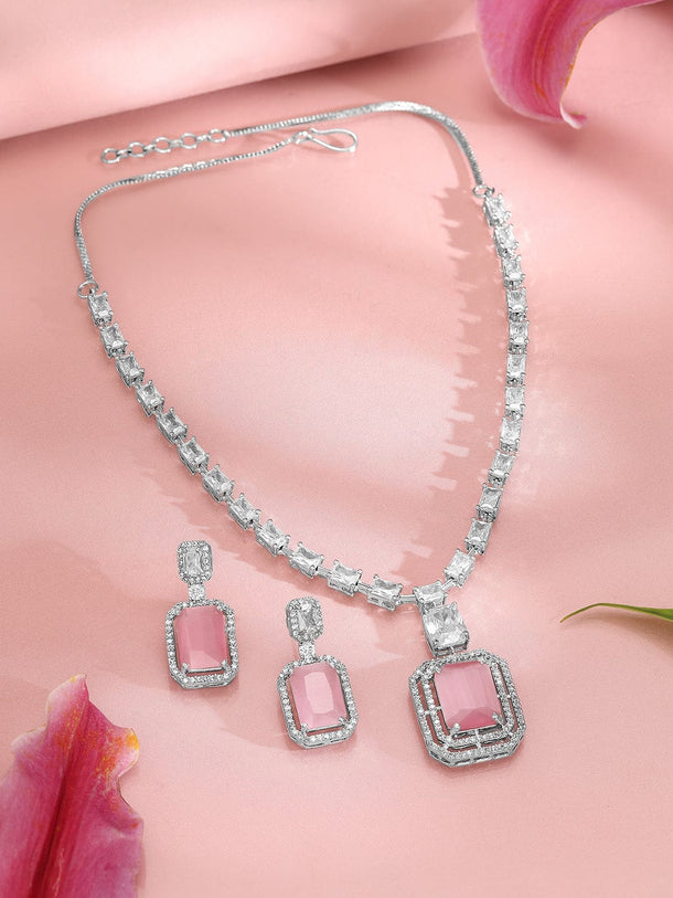 Rubans Rhodium-Plated CZ Studded Necklace & Earrings Jewellery Set