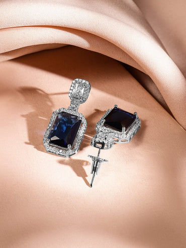 Rubans Rhodium-Plated Dark Blue Sapphire & White Cubic Zirconia Premium Jewellery Set Jewellery Set