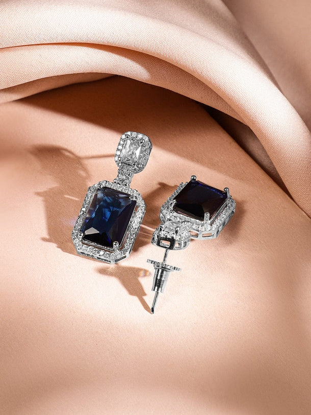 Rubans Rhodium-Plated Dark Blue Sapphire & White Cubic Zirconia Premium Jewellery Set Jewellery Set