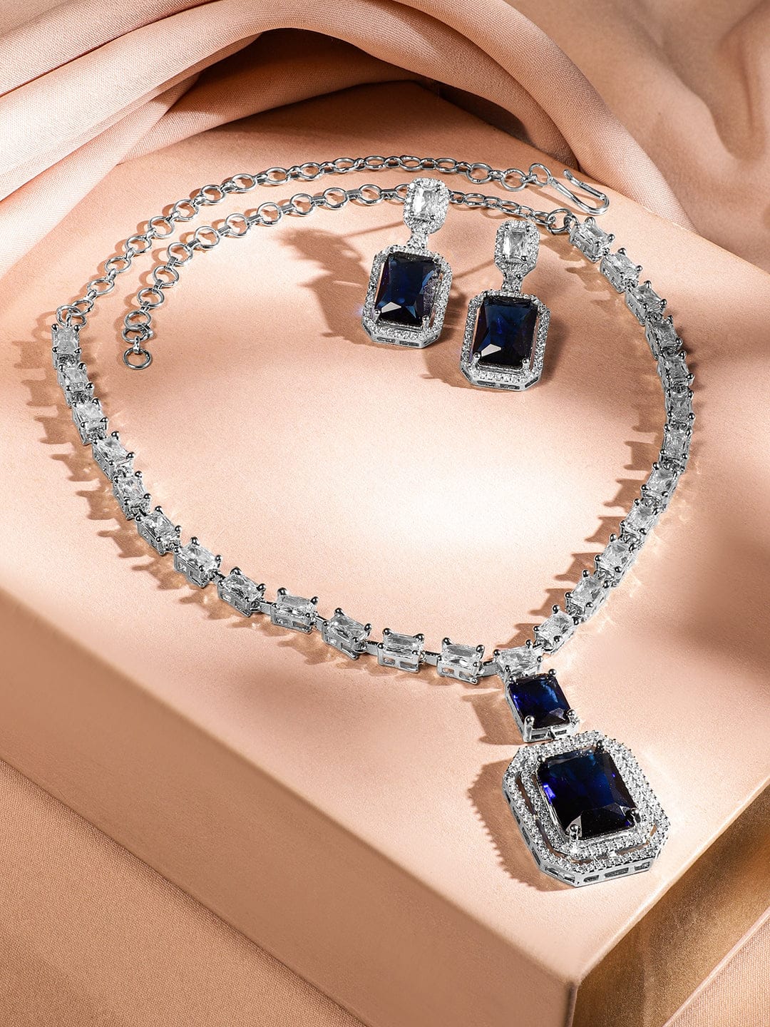 Rubans Rhodium-Plated Dark Blue Sapphire & White Cubic Zirconia Premium Jewellery Set Jewellery Set
