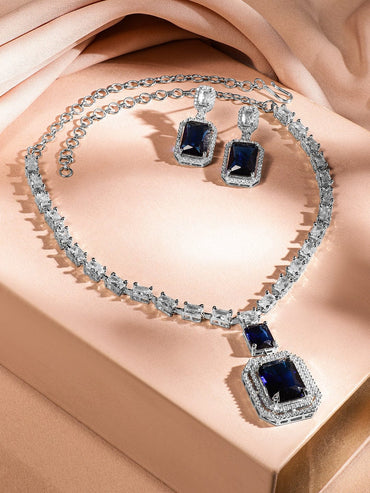Rubans Rhodium-Plated Dark Blue Sapphire & White Cubic Zirconia Premium Jewellery Set Jewellery Set