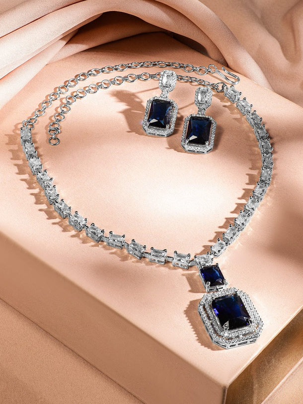 Rubans Rhodium-Plated Dark Blue Sapphire & White Cubic Zirconia Premium Jewellery Set Jewellery Set