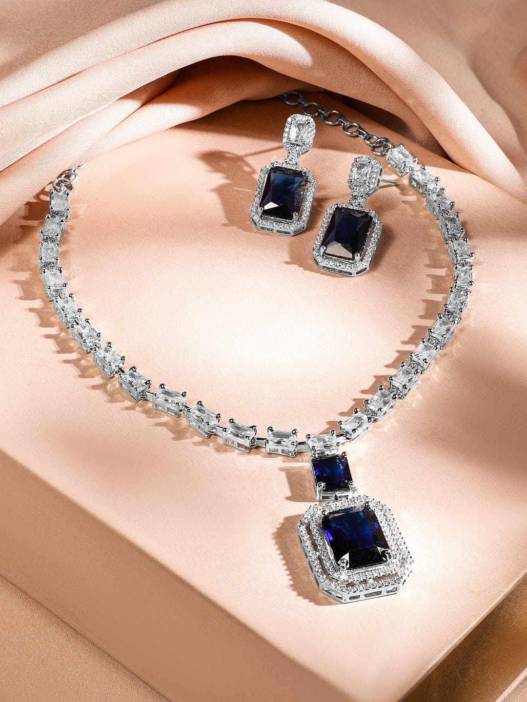 Rubans Rhodium-Plated Dark Blue Sapphire & White Cubic Zirconia Premium Jewellery Set Jewellery Set