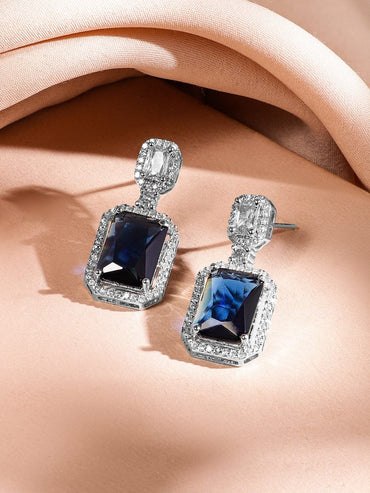 Rubans Rhodium-Plated Dark Blue Sapphire & White Cubic Zirconia Premium Jewellery Set Jewellery Set
