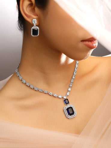 Rubans Rhodium-Plated Dark Blue Sapphire & White Cubic Zirconia Premium Jewellery Set Necklace Set