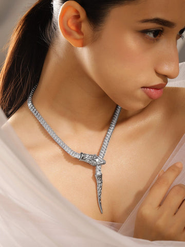 Rubans Rhodium Plated Demi Fine Bold Dragon Motif Necklace with Crystal Cubic Zirconia Necklace and Chains