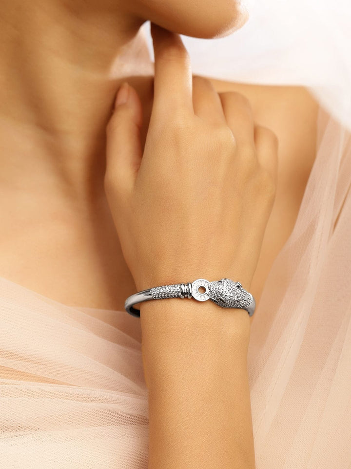 Rubans Rhodium-Plated Demi-Fine Openable Panther Head Cubic Zirconia Studded Bracelet Wristwear