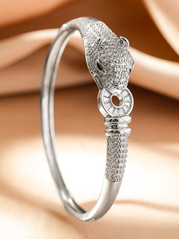 Rubans Rhodium-Plated Demi-Fine Openable Panther Head Cubic Zirconia Studded Bracelet Wristwear