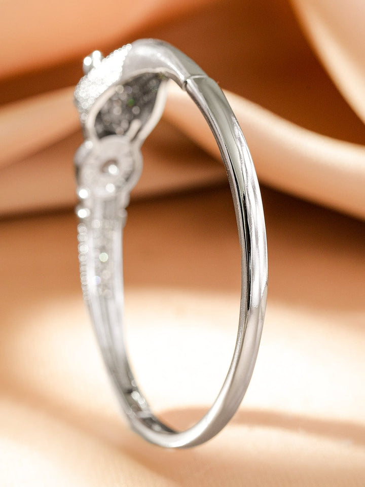 Rubans Rhodium-Plated Demi-Fine Openable Panther Head Cubic Zirconia Studded Bracelet Wristwear
