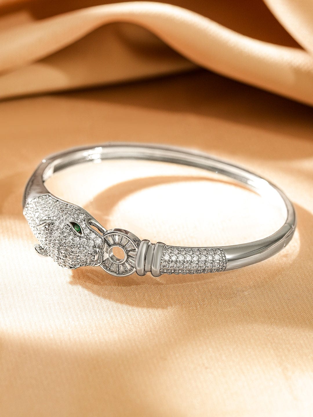 Rubans Rhodium-Plated Demi-Fine Openable Panther Head Cubic Zirconia Studded Bracelet Wristwear