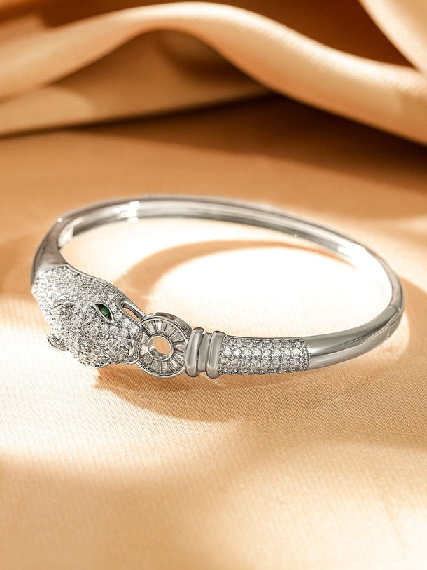 Rubans Rhodium-Plated Demi-Fine Openable Panther Head Cubic Zirconia Studded Bracelet Wristwear