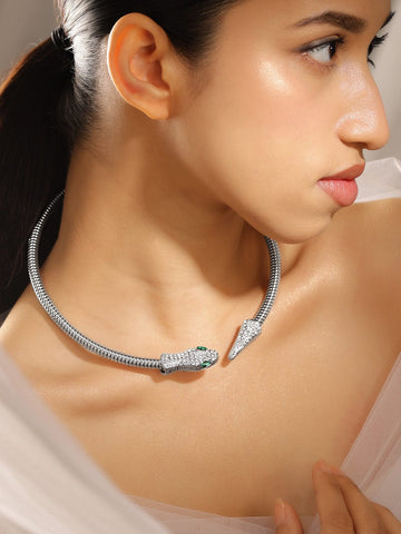 Rubans Rhodium Plated Demi Fine Snake Motif Statement Choker with White & Emerald Stones Necklace and Chains