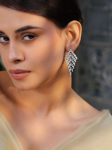 Rubans Rhodium-Plated Diamond-Shaped Cubic Zirconia Studded Drop Earrings Earrings