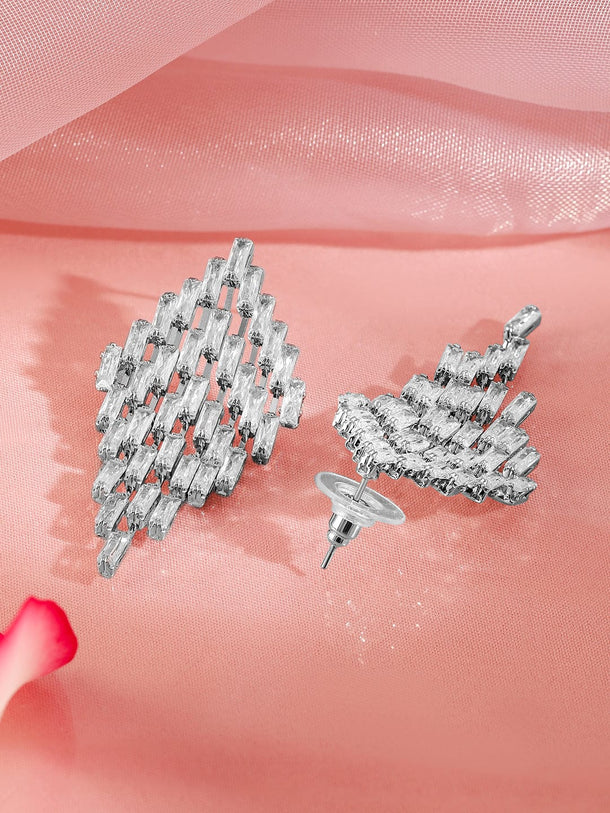 Rubans Rhodium-Plated Diamond-Shaped Cubic Zirconia Studded Drop Earrings Earrings