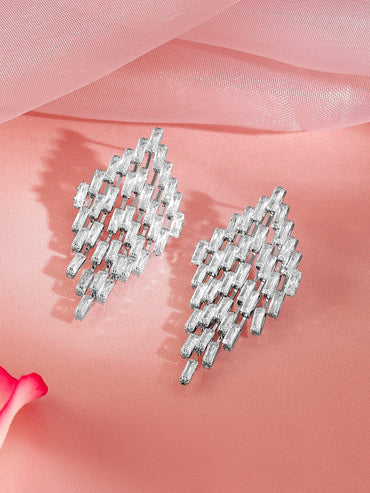Rubans Rhodium-Plated Diamond-Shaped Cubic Zirconia Studded Drop Earrings Earrings