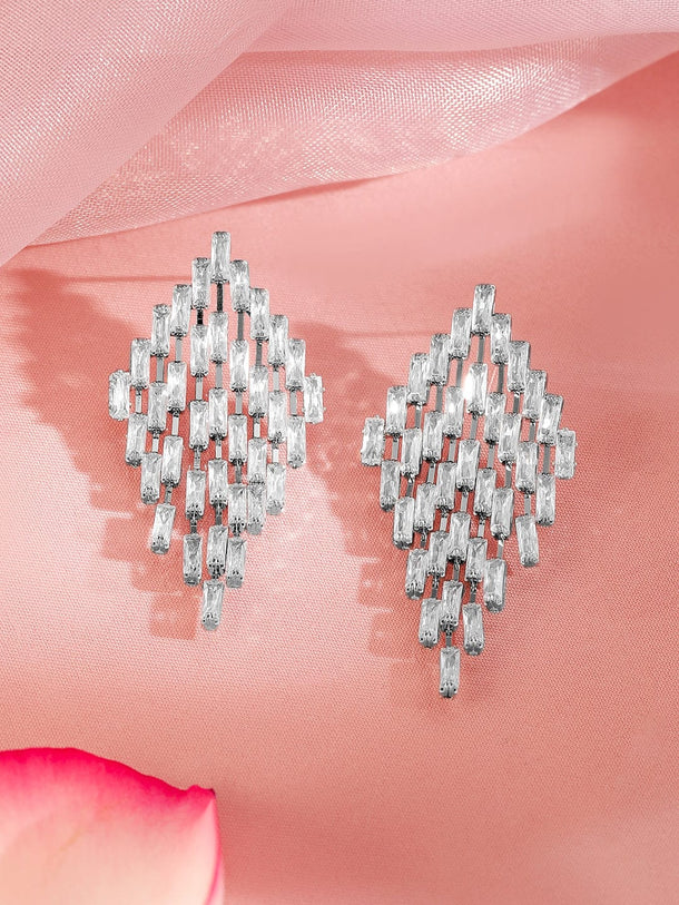 Rubans Rhodium-Plated Diamond-Shaped Cubic Zirconia Studded Drop Earrings Earrings