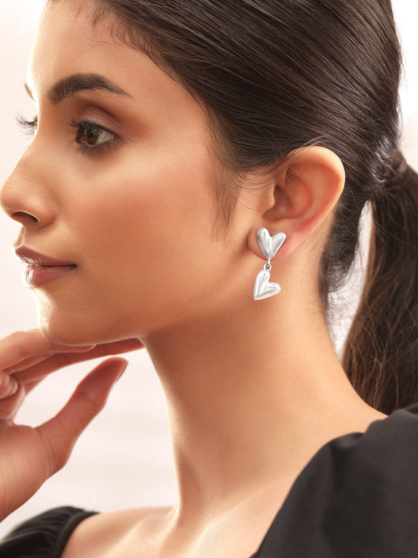 Rubans Rhodium-Plated Double Heart Stylish & Trendy Drop Earrings Earrings