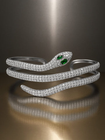 Rubans Rhodium-Plated Double Snake-Design Emerald & Cubic Zirconia Studded Openable Demi-Fine Bracelet Bangles & Bracelets