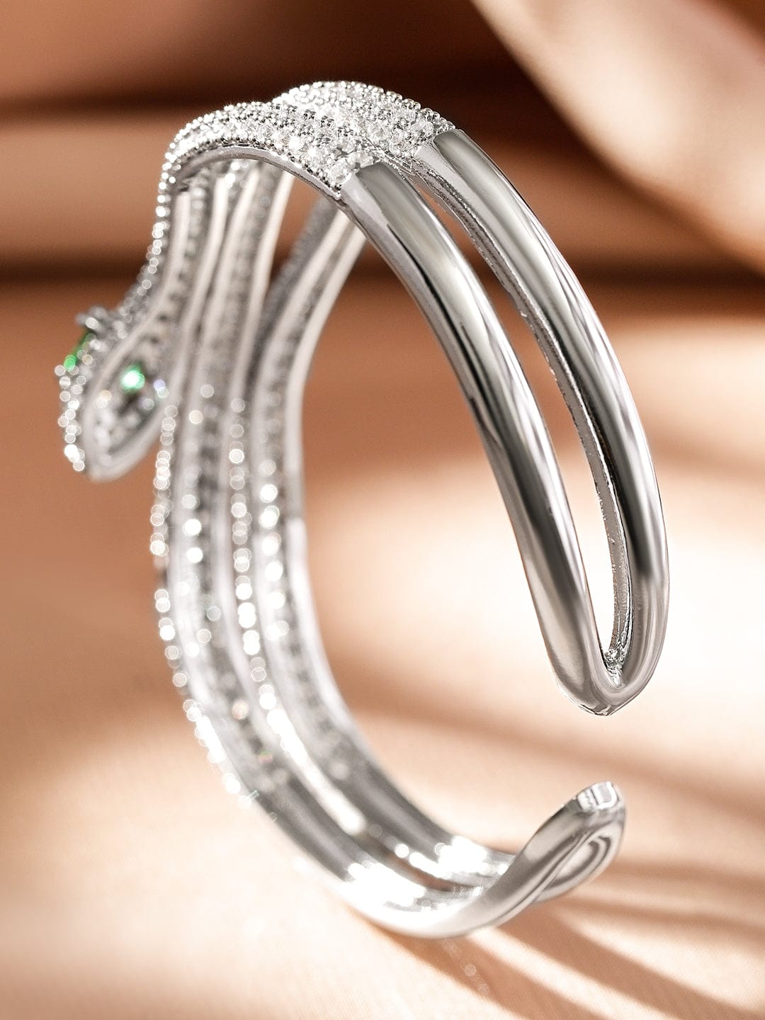 Rubans Rhodium-Plated Double Snake-Design Emerald & Cubic Zirconia Studded Openable Demi-Fine Bracelet Wristwear