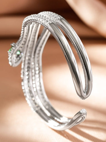 Rubans Rhodium-Plated Double Snake-Design Emerald & Cubic Zirconia Studded Openable Demi-Fine Bracelet Wristwear