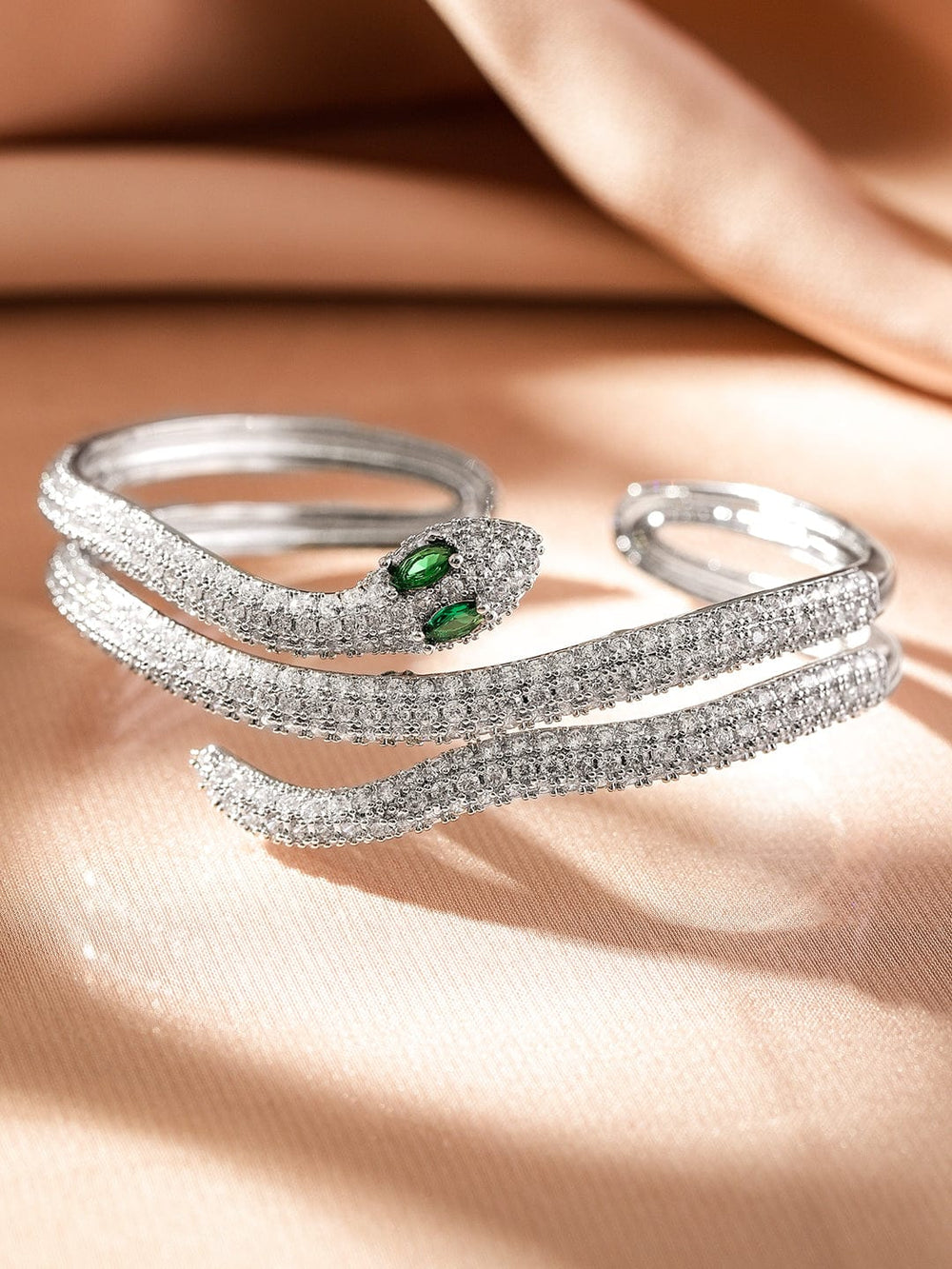 Rubans Rhodium-Plated Double Snake-Design Emerald & Cubic Zirconia Studded Openable Demi-Fine Bracelet Wristwear
