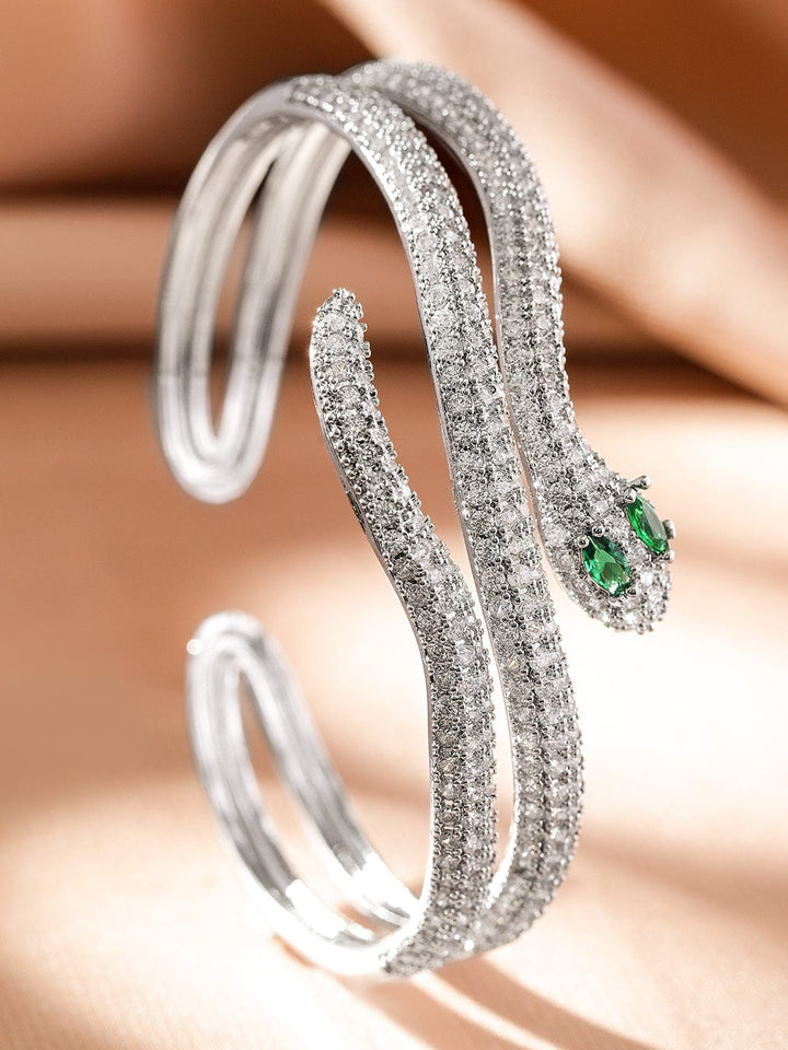 Rubans Rhodium-Plated Double Snake-Design Emerald & Cubic Zirconia Studded Openable Demi-Fine Bracelet Wristwear