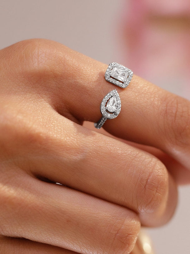 Rubans Rhodium-Plated Dual Stone Adjustable Ring with Cubic Zirconia Detailing Finger Ring