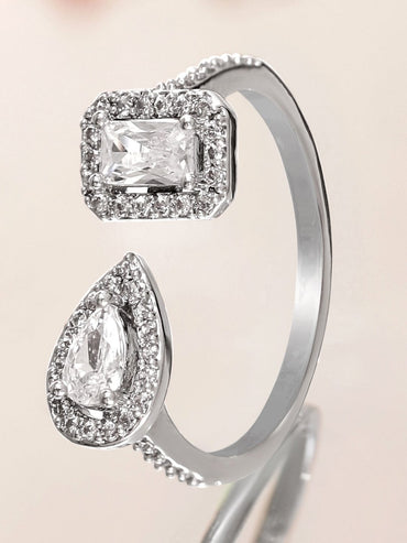 Rubans Rhodium-Plated Dual Stone Adjustable Ring with Cubic Zirconia Detailing Rings