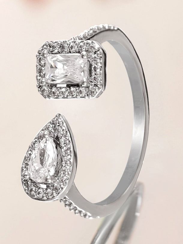 Rubans Rhodium-Plated Dual Stone Adjustable Ring with Cubic Zirconia Detailing Rings
