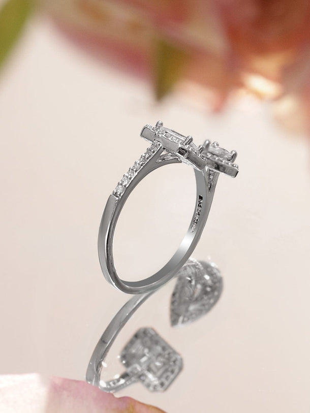 Rubans Rhodium-Plated Dual Stone Adjustable Ring with Cubic Zirconia Detailing Rings