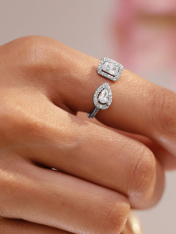 Rubans Rhodium-Plated Dual Stone Adjustable Ring with Cubic Zirconia Detailing Rings