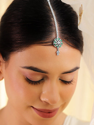 Rubans Rhodium-Plated Emerald and White Cubic Zirconia Maang Tikka Head Jewellery