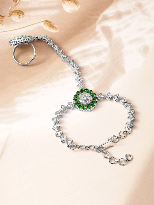 Rubans Rhodium-Plated Emerald & Cubic Zirconia Hand Harness Ring Bracelet Wristwear