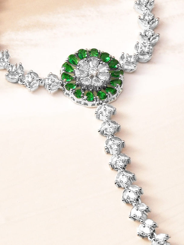 Rubans Rhodium-Plated Emerald & Cubic Zirconia Hand Harness Ring Bracelet Wristwear