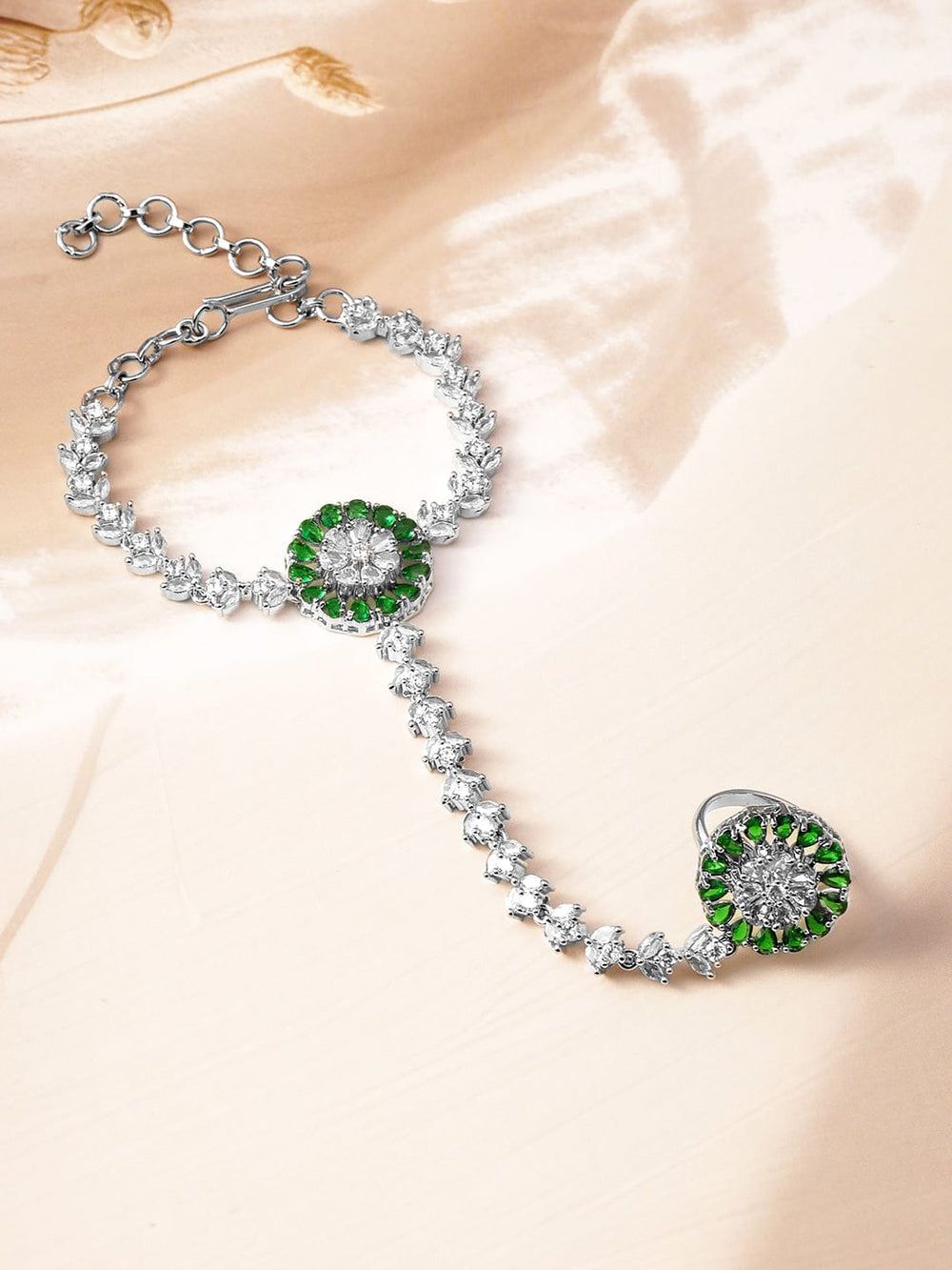 Rubans Rhodium-Plated Emerald & Cubic Zirconia Hand Harness Ring Bracelet Wristwear