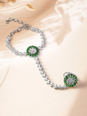Rubans Rhodium-Plated Emerald & Cubic Zirconia Hand Harness Ring Bracelet Wristwear