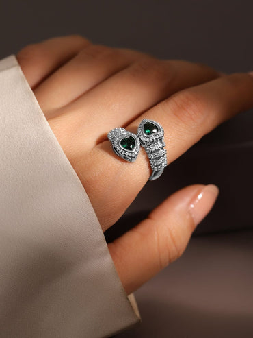 Rubans Rhodium-Plated Emerald & Cubic Zirconia Studded Demi-Fine Heart Motif Openable Ring Finger Ring
